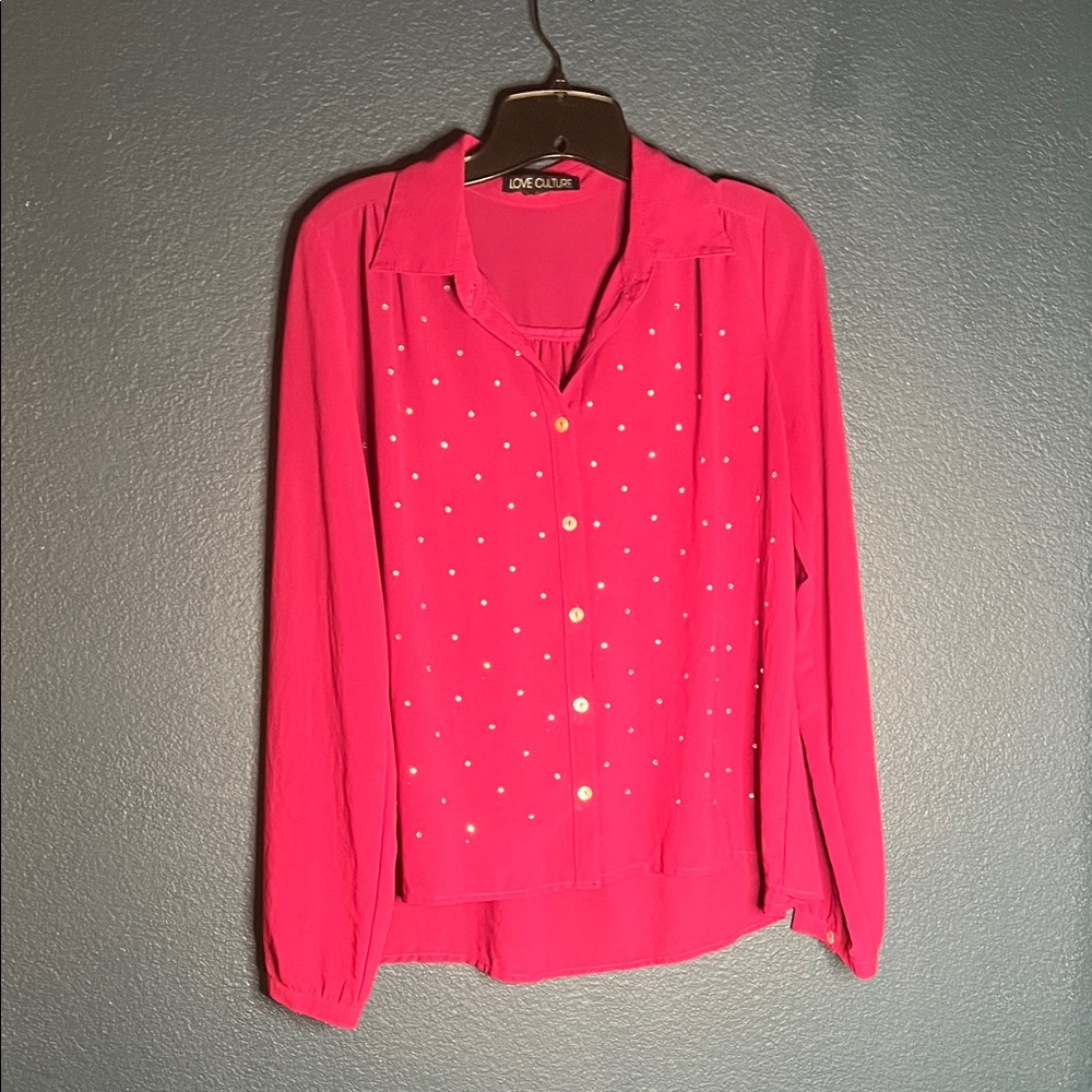 Love Culture Fuchsia sheer Button Down Shirt with rhinestones